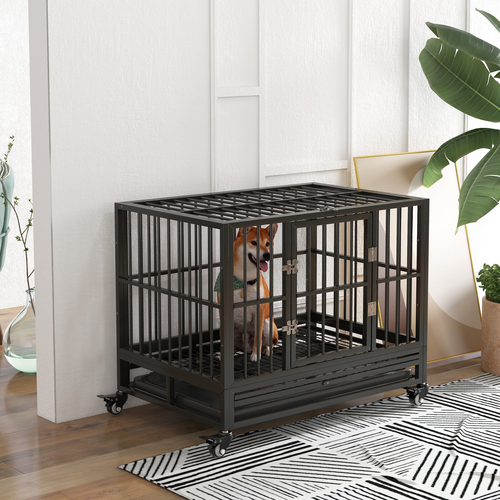 43" Heavy Duty Dog Crate Cage Kennel with Lockable Wheels (Option: Gray-940x640x180 mm)